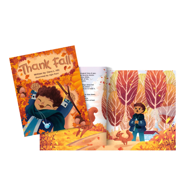Thank Fall children's picture book cover by Ciara L. Hill featuring Levi celebrating the beauty of autumn.